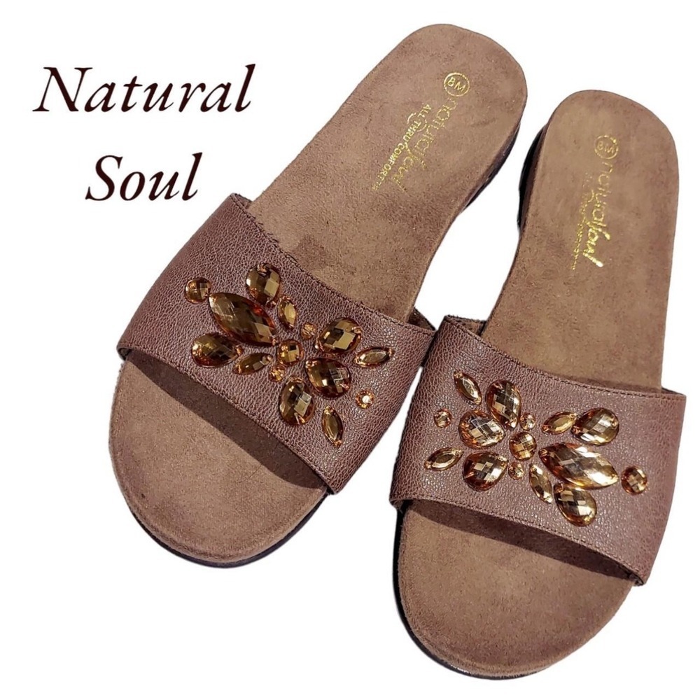 Natural Soul Sandals Womens 9.5M Brown Leather Floral‎ Slide Comfort Wedge